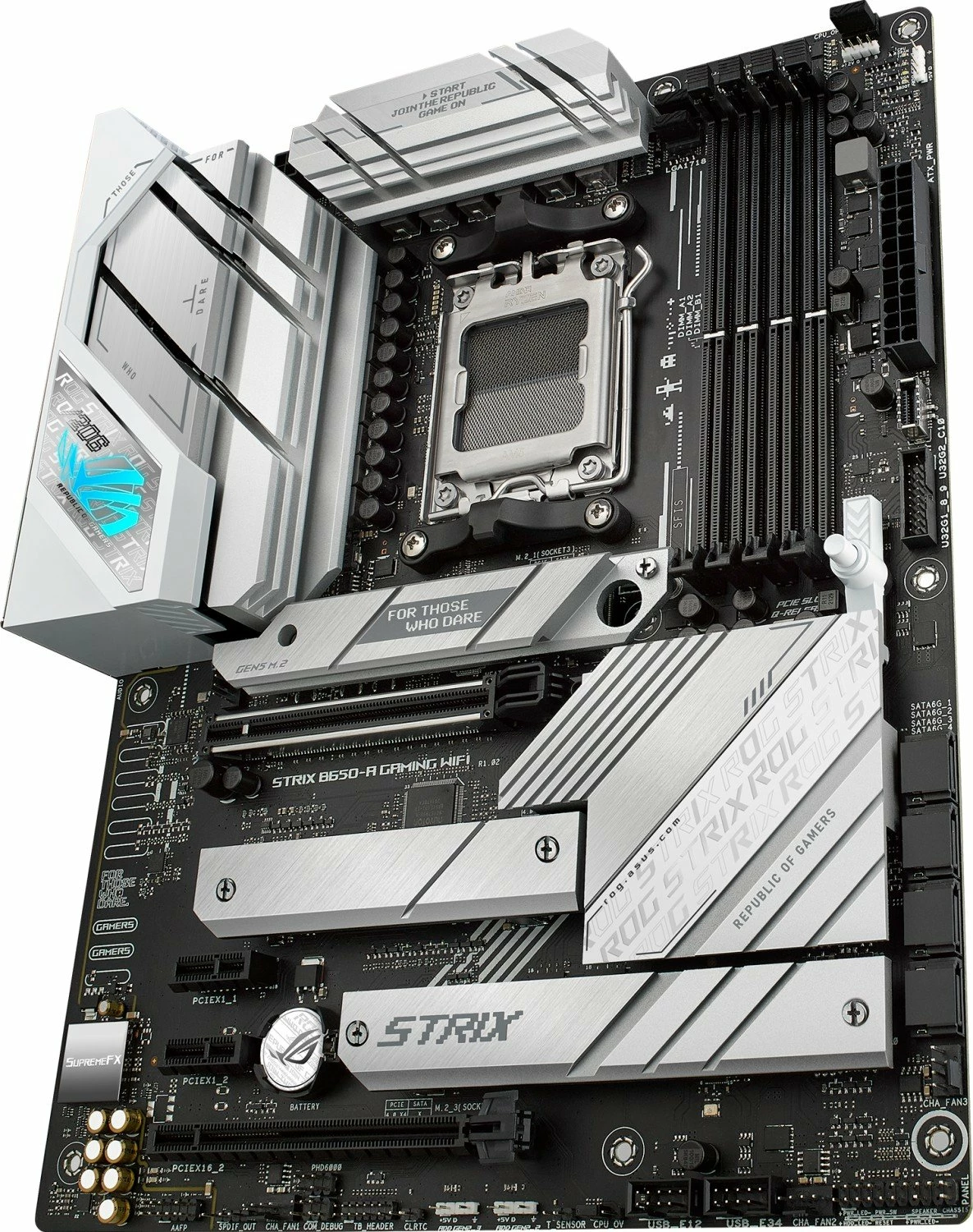 Pllakë amë Asus ROG Strix B650-A Gaming WiFi, ATX, DDR5, Wi‑Fi 6E, 128GB RAM max, bardhë/zezë, me antenë WiFi