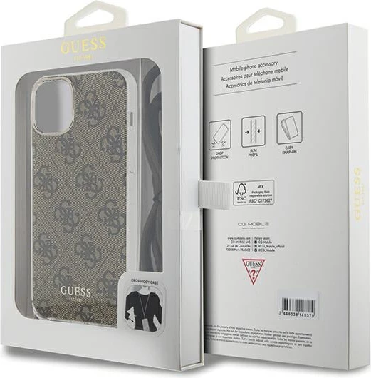 Mbështjellës Guess Crossbody Cord 4G Print për iPhone 15/14/13, Kafe