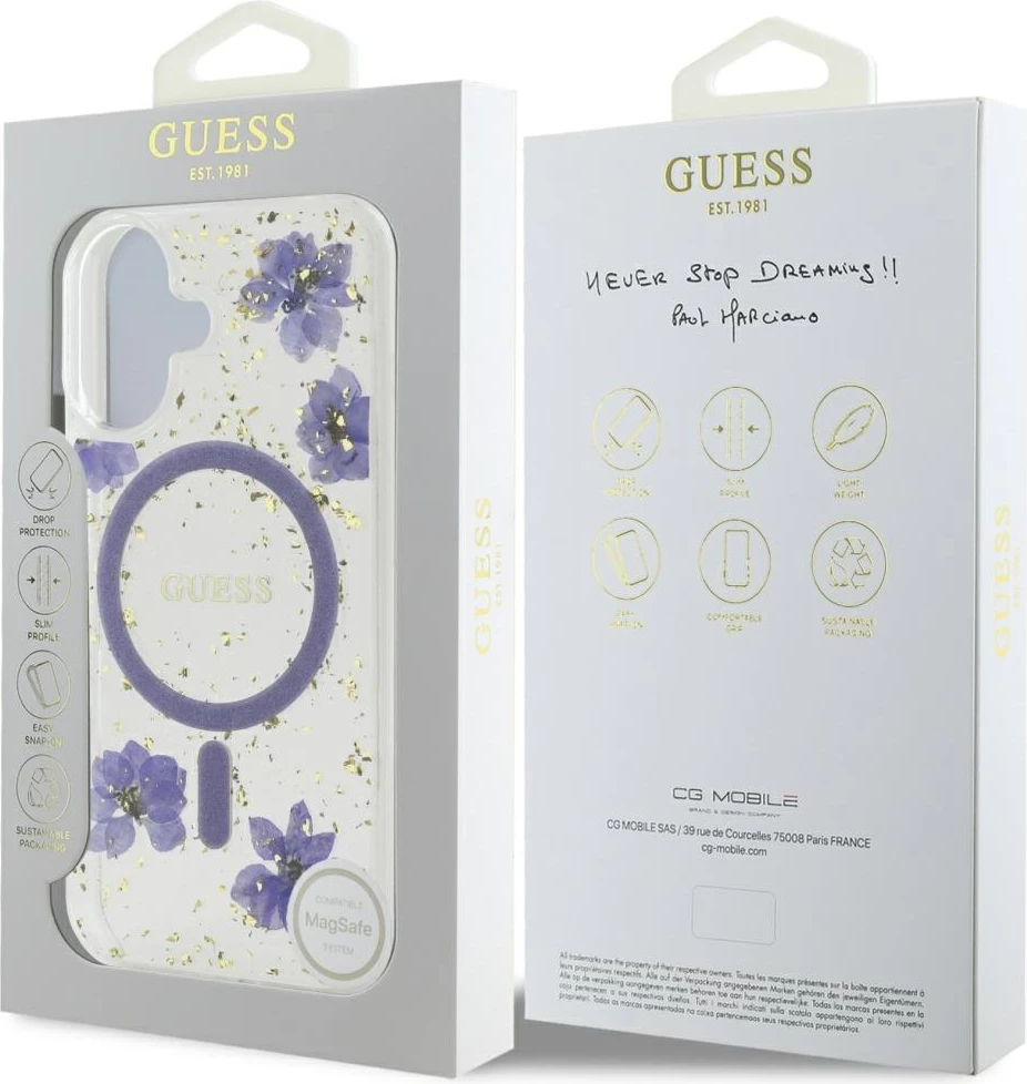 Mbështjellës Guess Resin Flowers Glitter MagSafe për iPhone 16, Vjollcë