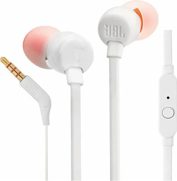 Kufje JBL T110E in-ear me kabllo 3.5 mm, mikrofon dhe 1-butoni remote, të bardha