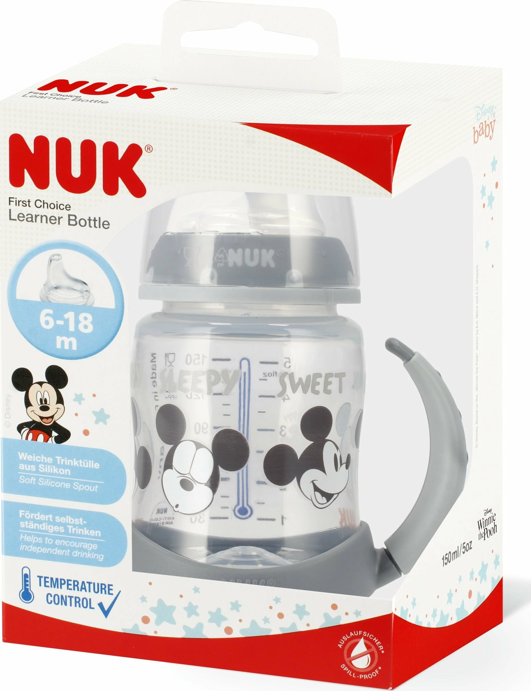 Biberon mësimor NUK First Choice Miki 150 ml me doreza dhe tregues temperature, i bardhë/gri
