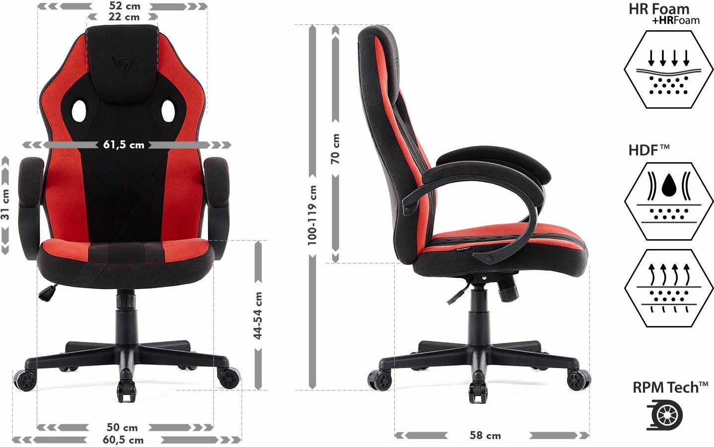 Karrige gaming SENSE7 Prism, pëlhurë HDF™, shkumë HR, lëkundje FlowTech™ Swing, ngritje gazi LiftControl™ Class 3, 120 kg, zezë-kuqe