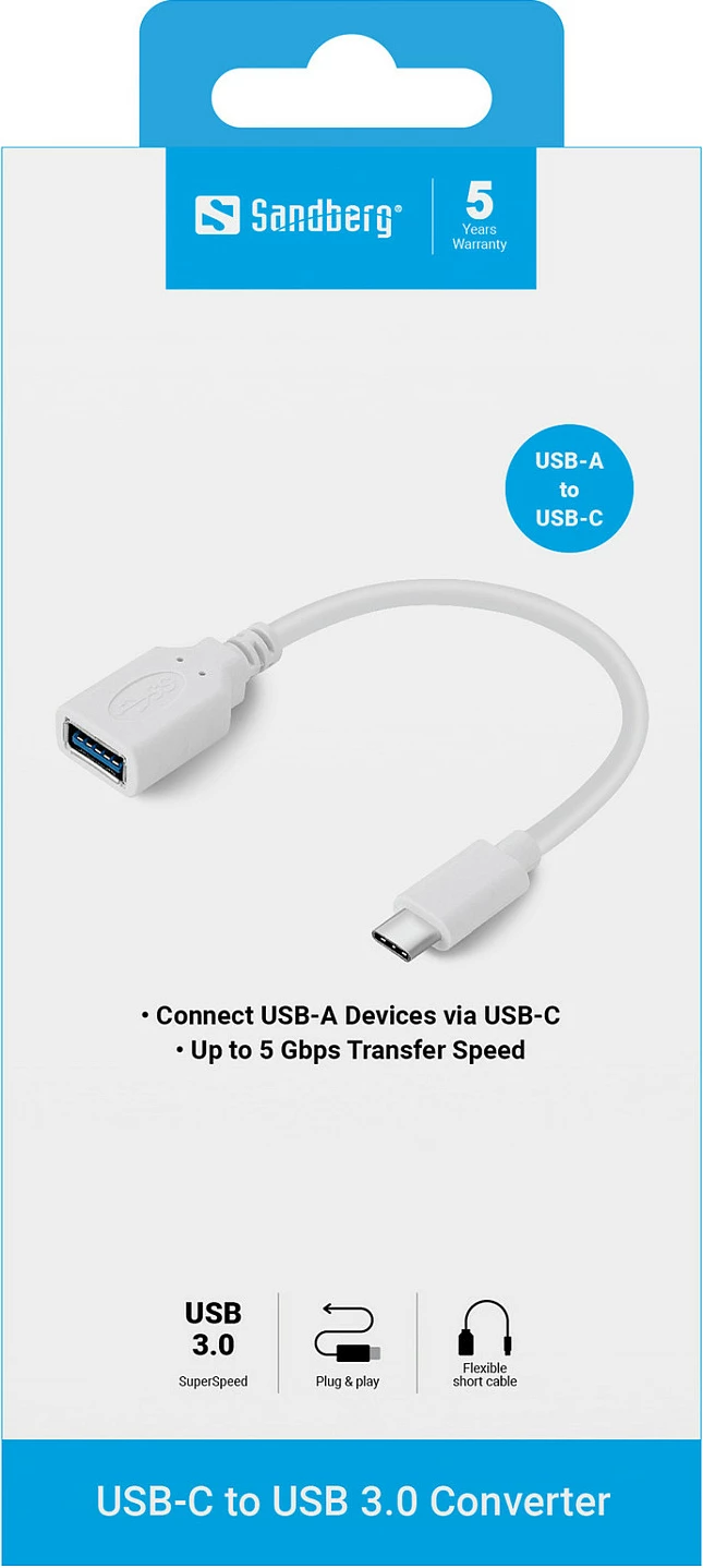 Adapter SANDBERG USB-C në USB-A 3.2 Gen 1, 0.1m, 5Gbps, i bardhë