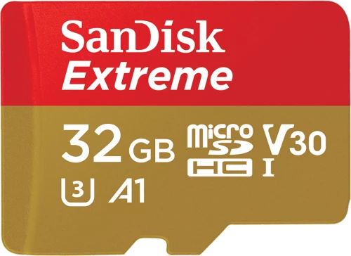 Kartelë memorie SanDisk Extreme microSDHC 32GB, 100MB/s, A1/C10/V30, UHS-I U3, me adapter SD, e kuqe/artë