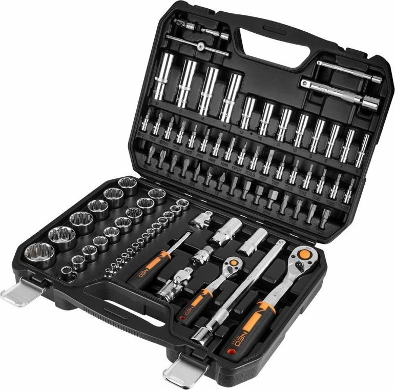 Set veglash NEO 10-060, 86 copë, 1/2" & 1/4" ratchet, kasetë plastike, zi/portokalli