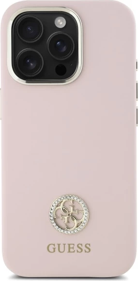 Mbështjellës Guess Silicone Logo Strass 4G për iPhone 16 Pro Max, rozë e çelët