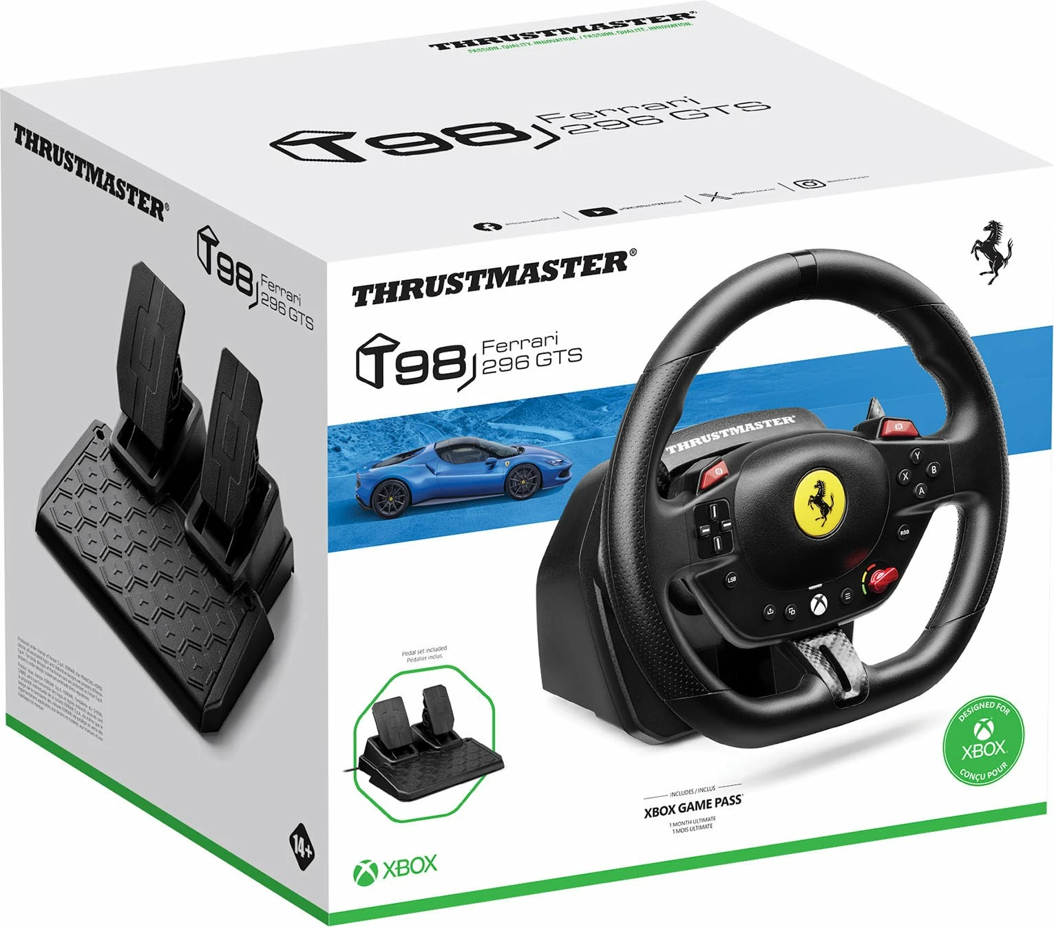 Timoni garash Thrustmaster T98-X Ferrari 296 GTS (4460297), 240°, për PC/Xbox, set me pedale, i zi