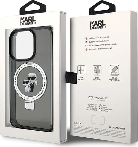Mbështjellës Karl Lagerfeld KLHMP15LHMRSKCK për iPhone 15 Pro 6.1", me unazë Ring Stand Karl&Choupette, MagSafe, zi
