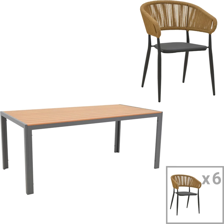 Tavolinë me karrige Nares-Raven set prej 7 copash alumini dhe dru i përzier në ngjyrë natyrale 180x90x72.5cm