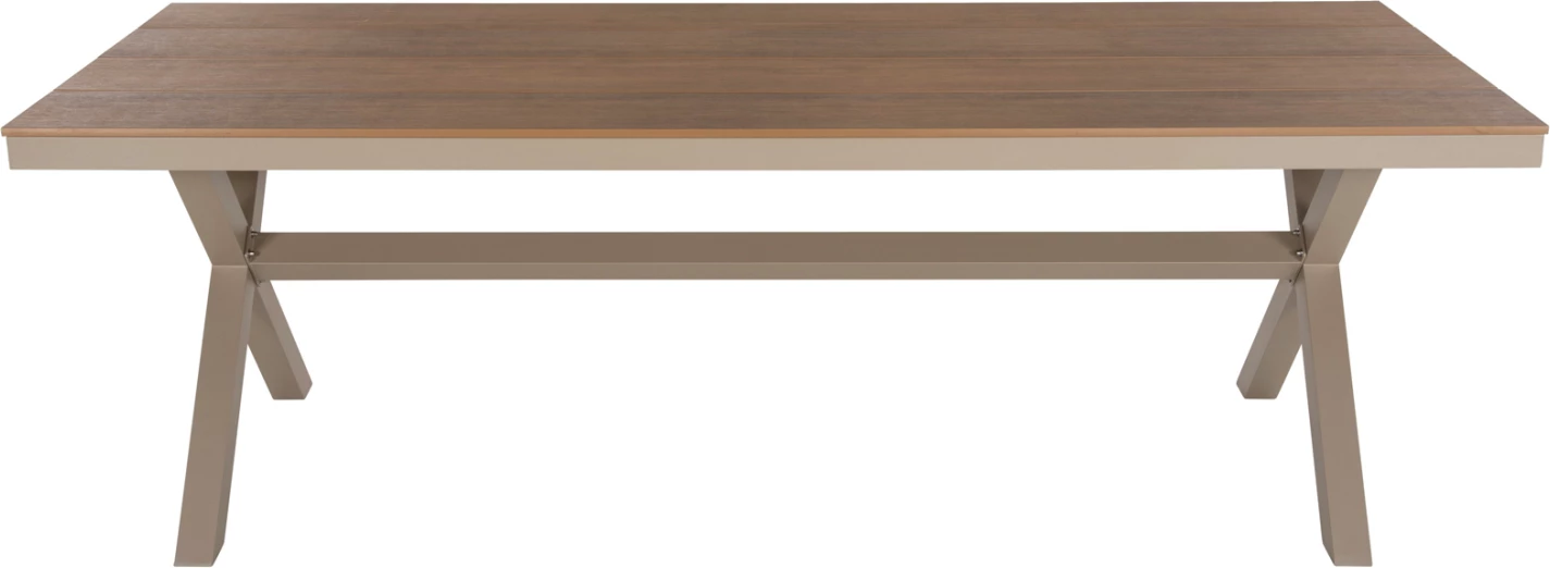 Tavolinë drejtkëndore alumini, TAWNEE, ngjyrë shampanjë, polywood ngjyrë druri natyral, 219.5x89.5x73H cm