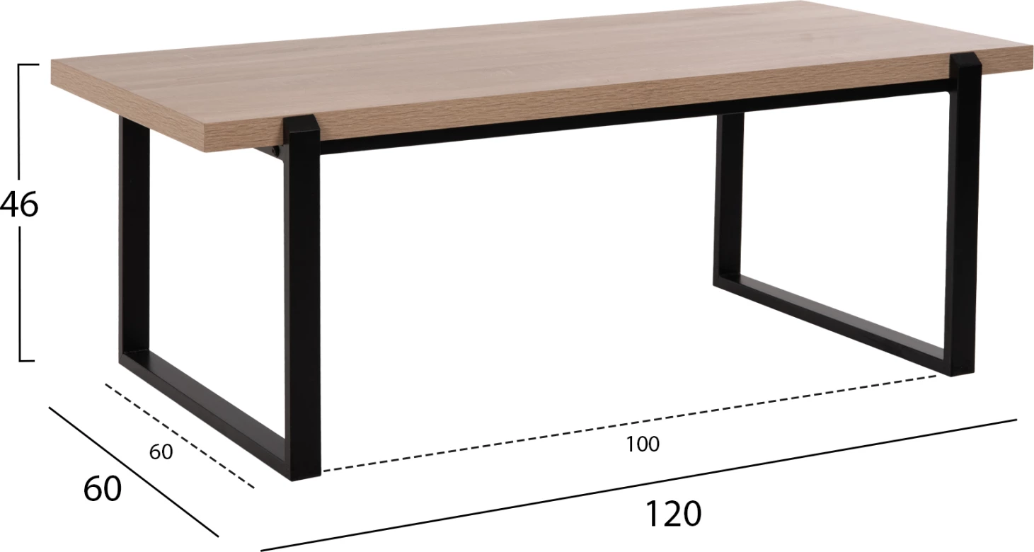 Tavolinë kafeje FH9585.03 MDF me sipërfaqe tavoline në ngjyrë sonoma dhe bazë metalike të zezë 120x60x46H cm