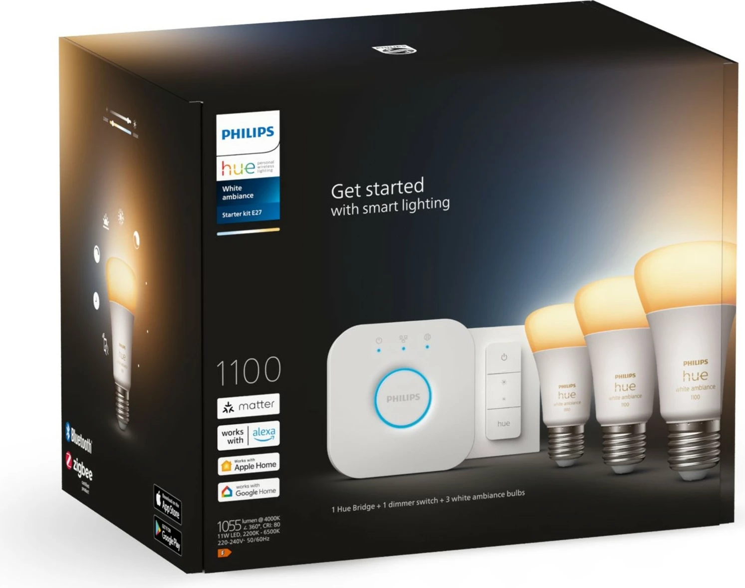 Kit ndriçimi smart Philips Hue White Ambiance, 3 llamba E27, LED, Bardhë