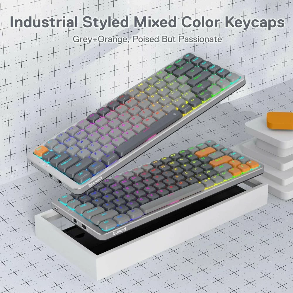 Tastierë mekanike wireless Redragon Azure K652GG RGB Pro K652GG, 75% (84 taste), low-profile, red switch, RGB, tri-mode Bluetooth/2.4GHz/USB, gri e errët