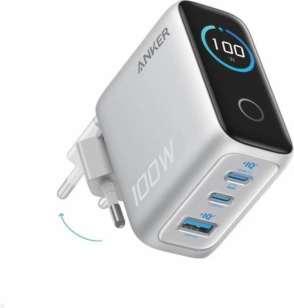 Karikues muri ANKER B121BG41 100W GaN Smart Display, 3 porta (2x USB-C + 1x USB-A), argjendtë
