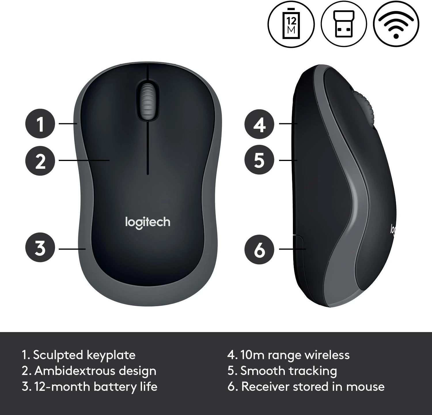 Maus Logitech M185 - Wireless, 2.4GHz, e zezë/gri 5