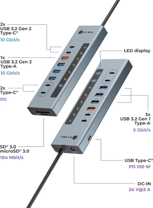 Hub USB‑C ICYBOX IB-HUB1742CR-C2PD 11-në-1, PD, lexues SD/microSD, 10 Gbit/s, me ekran LED, gri e errët, me adapter USB‑C në USB‑A