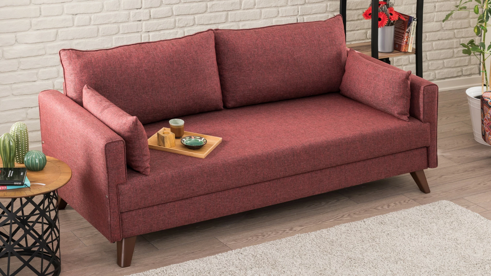 Divan-krevat treshe, ngjyrë e kuqe Claret, Bella Sofa Bed