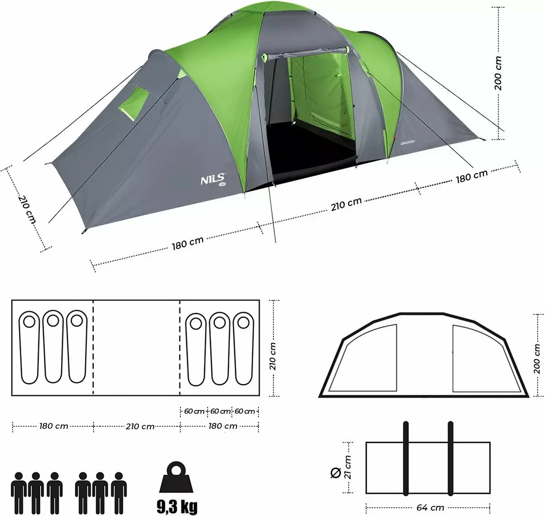 Çadër kampingu Nils Extreme NC6031 Highland për 6 persona, tunel, 570 x 210 x 200 cm, gri/jeshile