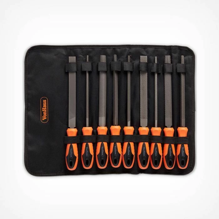 Set turpijash dhe raspash VONHAUS 3500076, 20 cm (8\"), çelik T12, me çantë kanavacë, set 9 copë, zi/portokalli