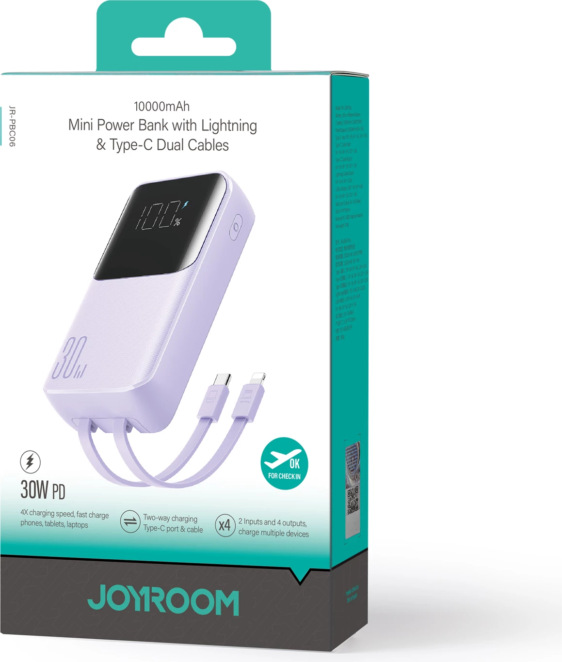 Powerbank Joyroom JR-PBC06, 10000mAh, 30W, me kabllo USB-C/Lightning të integruara, vjollcë