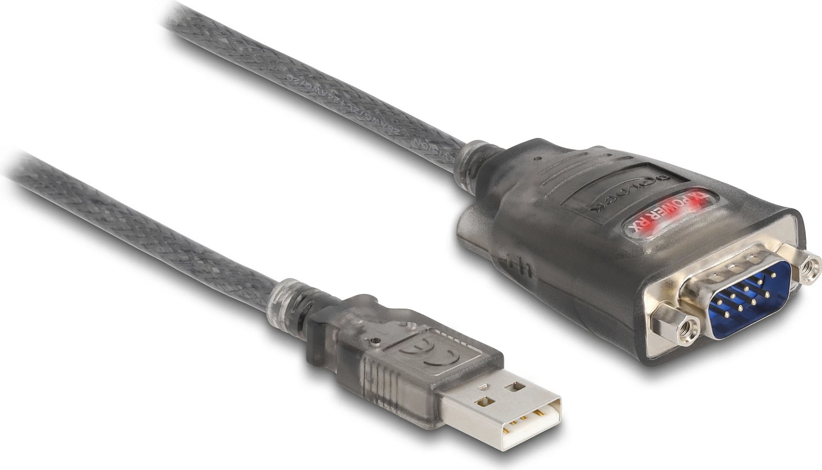 Adapter kabllo USB-A në RS-232 Delock FT231XS, 3 m, DB9 9-pin, me LED, zi/transparent