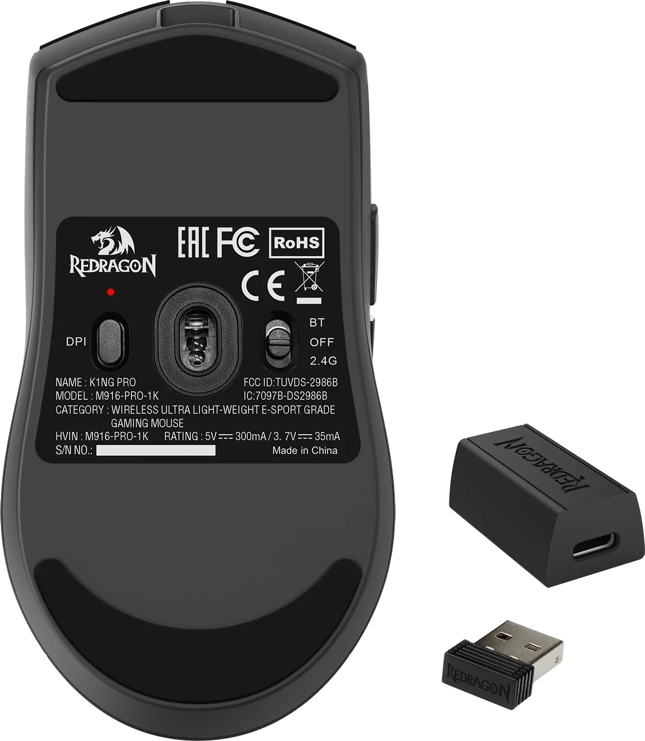 Maus wireless gaming Redragon K1NG Pro M916-PRO-1K 26K DPI, 49 g, 3 mënyra lidhjeje, i zi