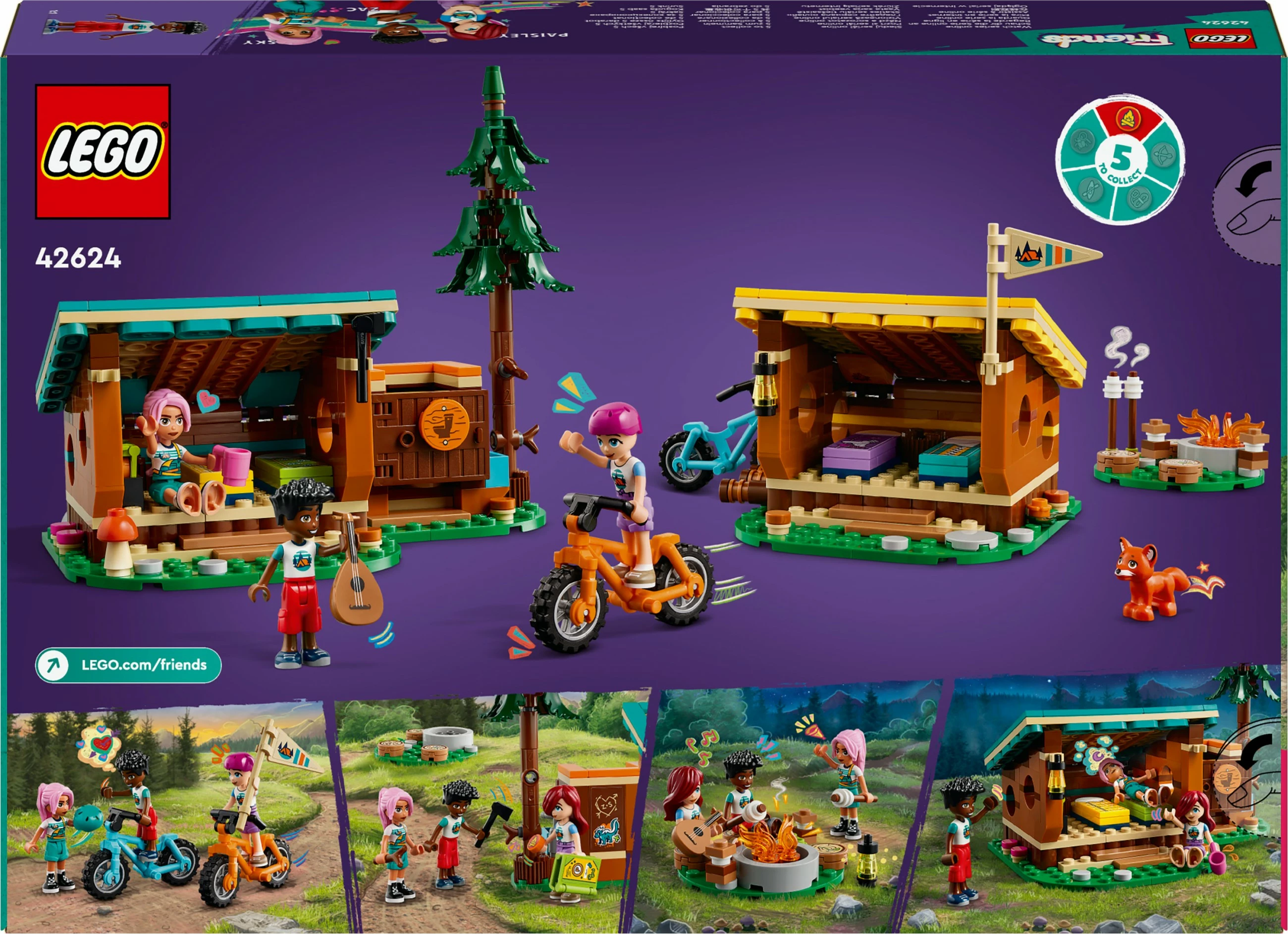 Set LEGO Friends 42624, kamp aventure, kabina të vogla, me figurina dhe biçikleta