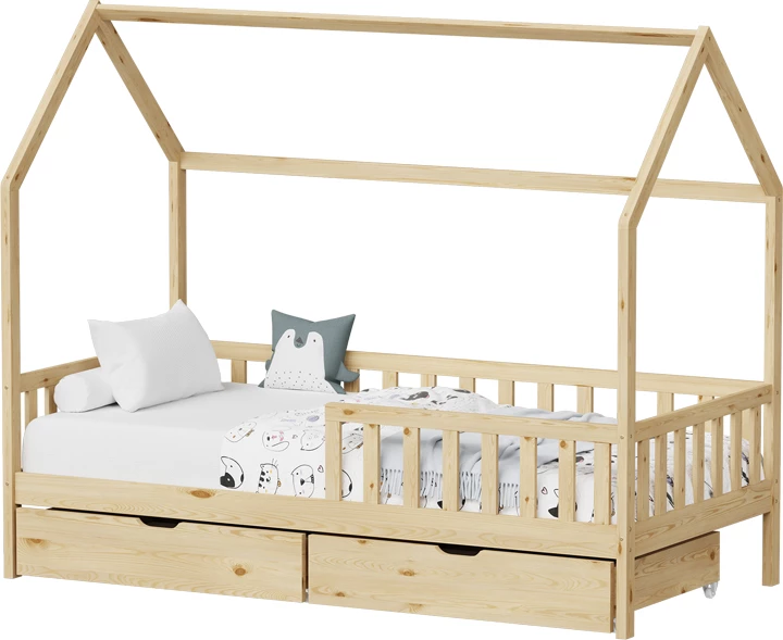 Krevat fëmijësh Montessori Piccolo me 2 sirtarë, ngjyrë natyrale, dru pishe, 90x190cm