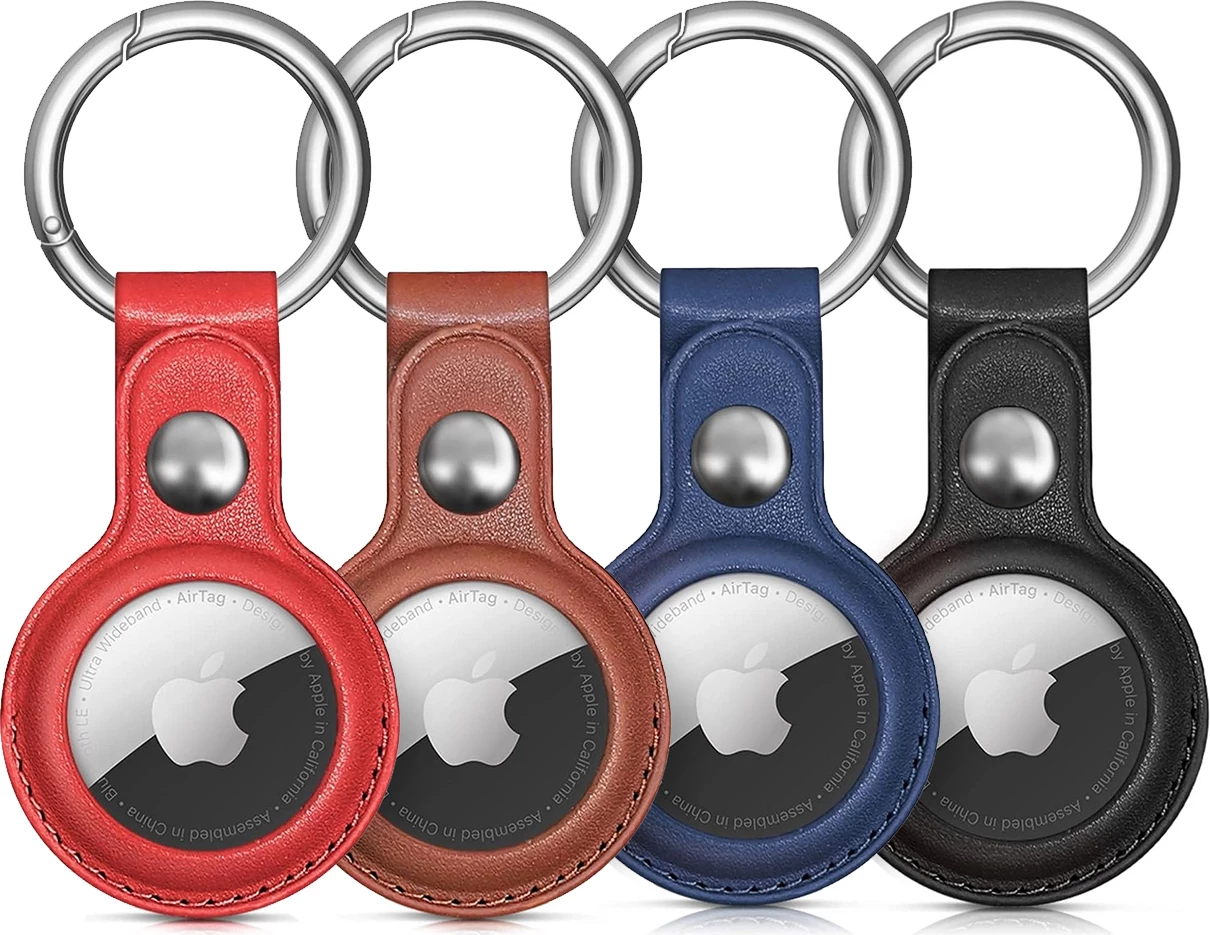 Mbështjellës Hurtel për Apple AirTag, PU lëkurë, 4 copë, e zezë, kafe, e kuqe, blu