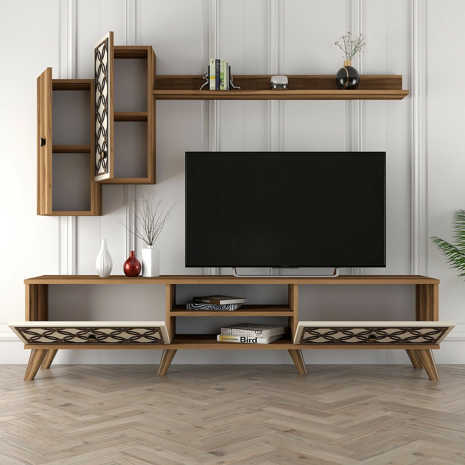 Njësi TV Skye Decor, klasë S, ngjyrë arre, krem