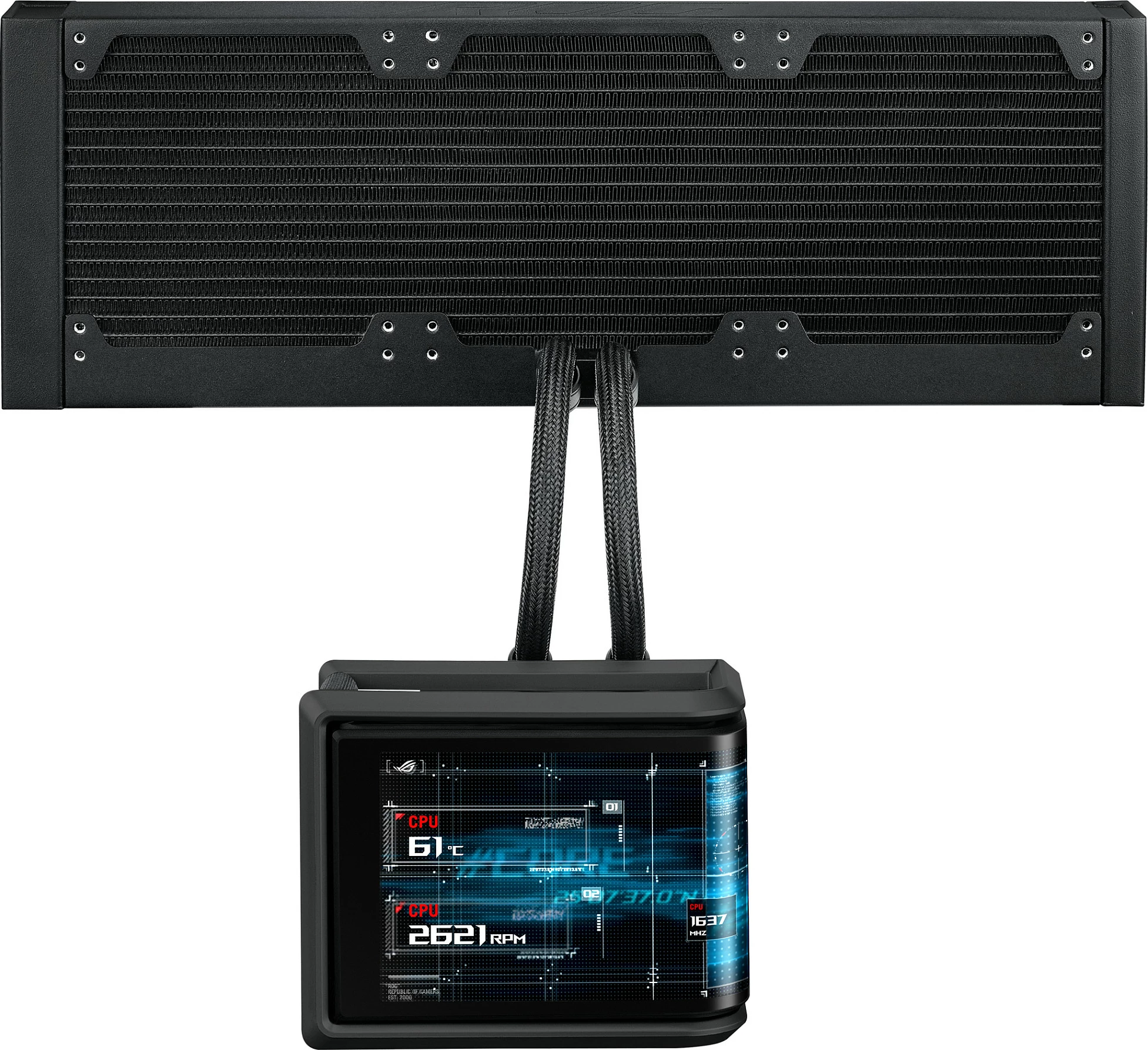 Ftohës uji AIO ASUS ROG RYUO IV SLC 360 ARGB, 3x120mm, AMOLED display, Intel/AMD, i zi