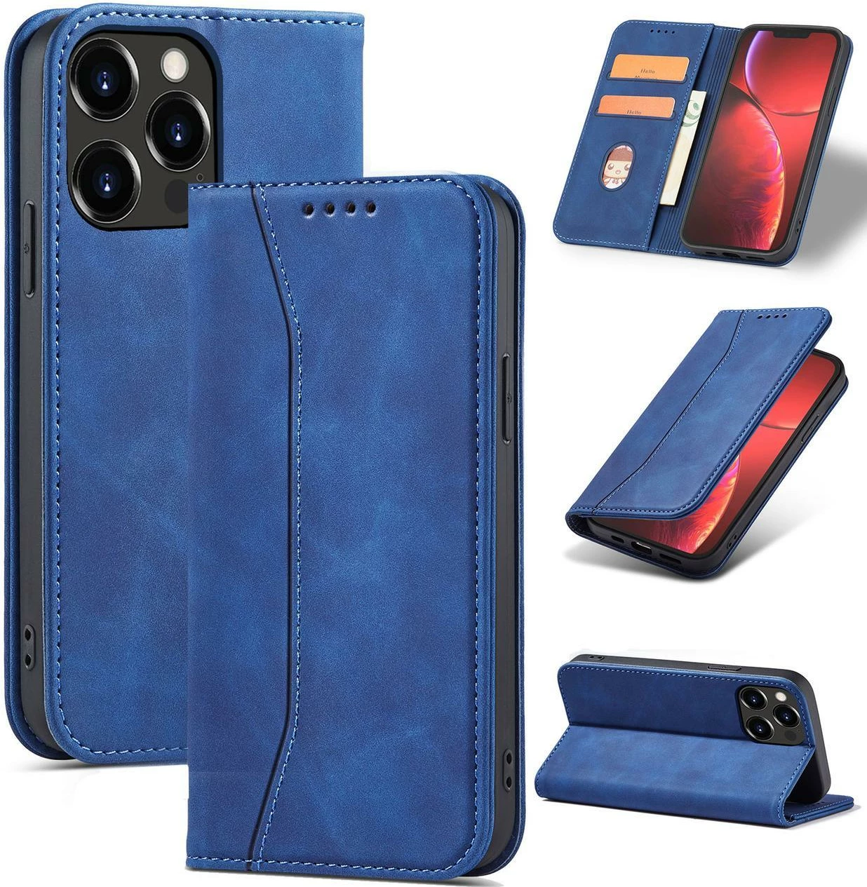 Mbështjellës Hurtel Magnet Fancy Case për iPhone 14 Pro, me kapak, portofol dhe mbajtëse, kaltër