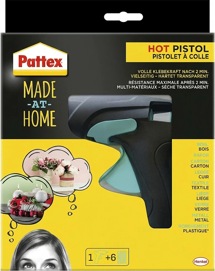 Pistoletë ngjitëse e nxehtë Pattex Made-at-Home, 6 shkopinj ngjitësi 20 g, zezë/mentë