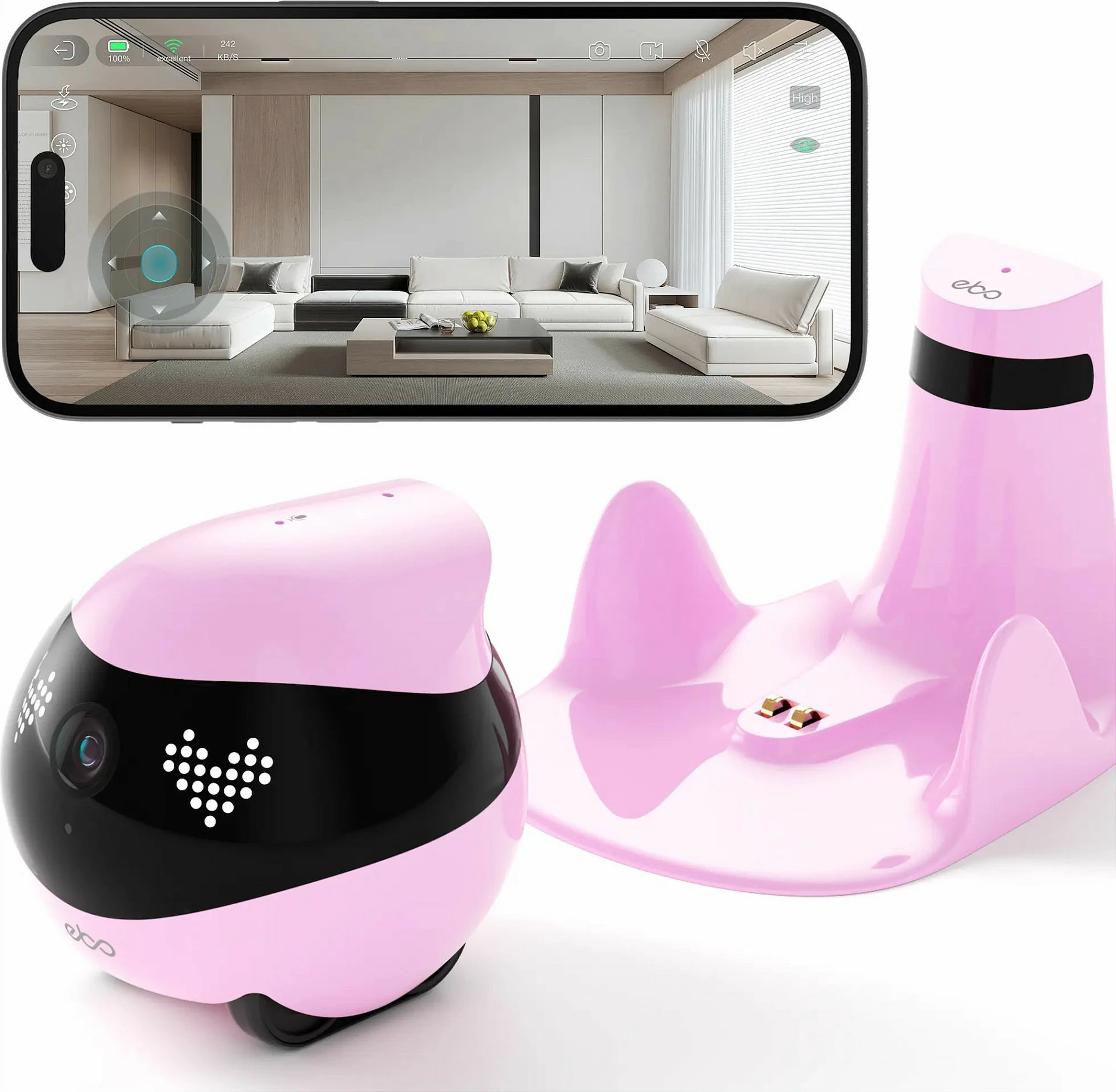 Robot për kafshë shtëpiake Enabot EBO Air 2, kamerë 2K, night vision, Wi‑Fi 5GHz, rozë/zi