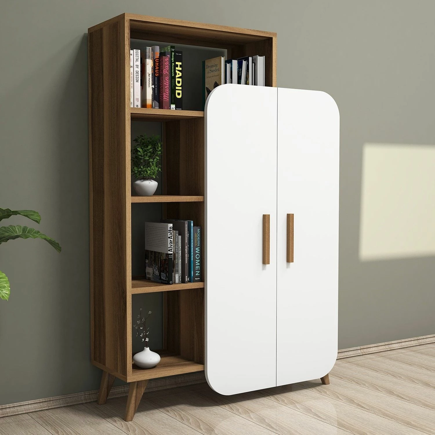 Raft librash Hanah Home, formë moderne, ngjyrë arrë dhe e bardhë