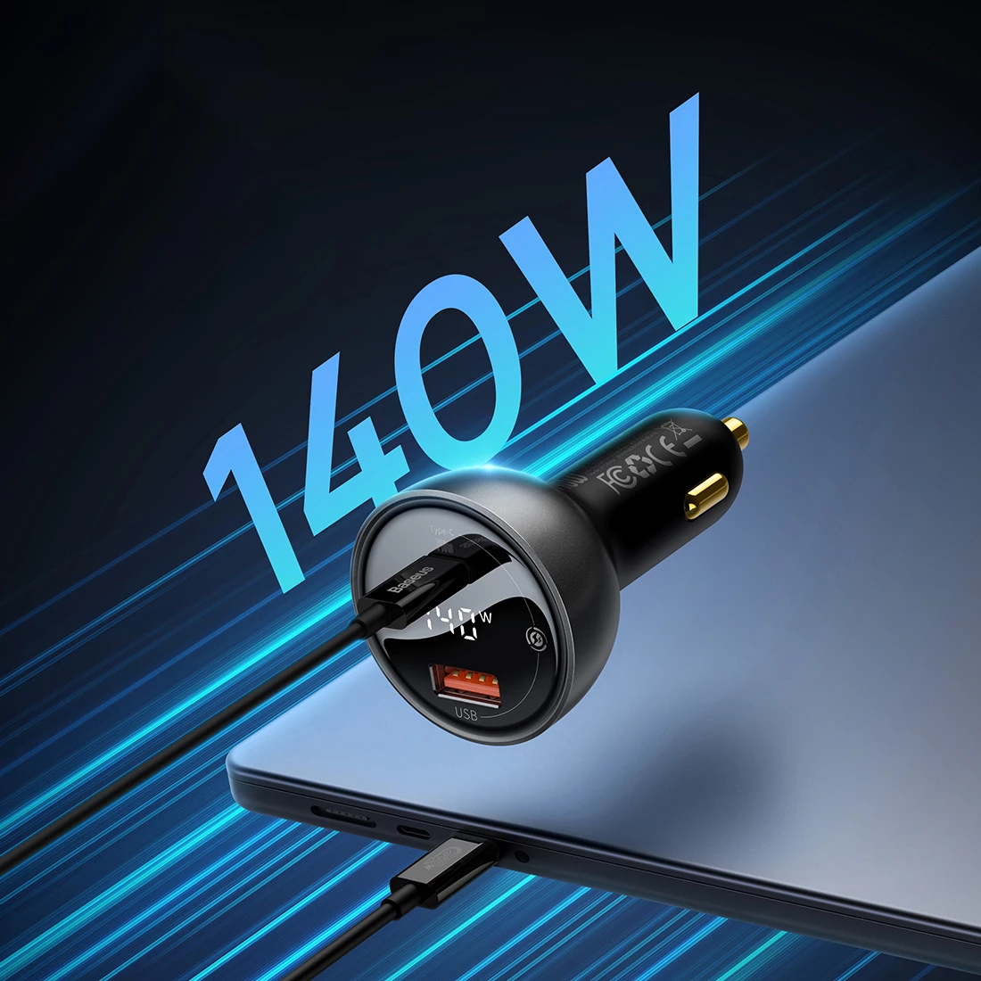 Karikues veture Baseus CGZX070001 me ekran digjital, 140W, USB-A/USB-C, me kabllo USB-C 1m, zi