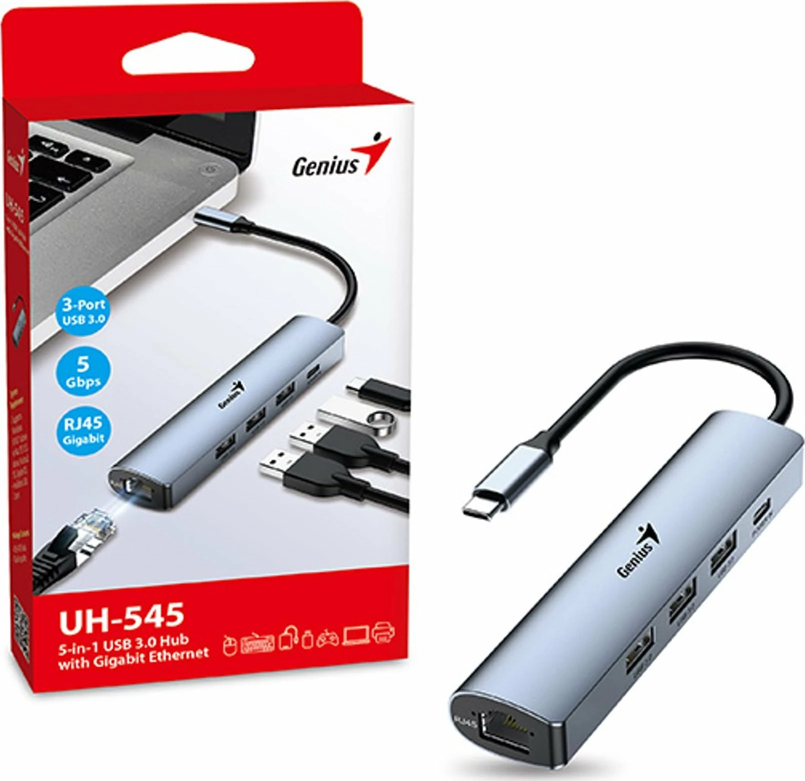 Hub USB-C Genius UH-545, 4 porta (3x USB 3.0, 1x RJ45), gri