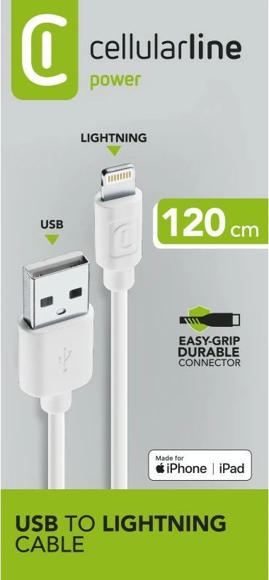 Kabëll karikimi Cellular Line Power Cable 1.2m Lightning USB A bardhë