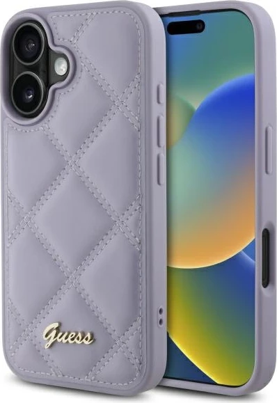 Mbështjellës Guess Quilted Metal Logo për iPhone 16, vjollcë e çelët