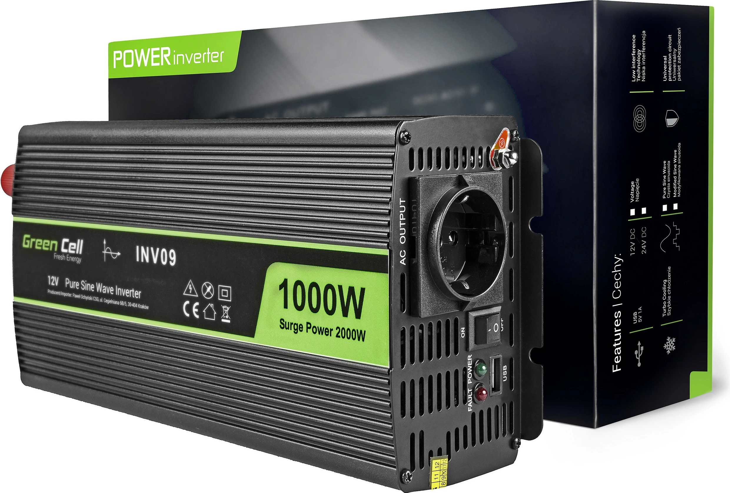 Inverter rryme Green Cell INV09, 12V në 230V, 1000W, i zi