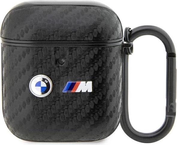 Mbështjellës BMW Carbon Double Metal Logo për AirPods 1/2, me karabiner, i zi