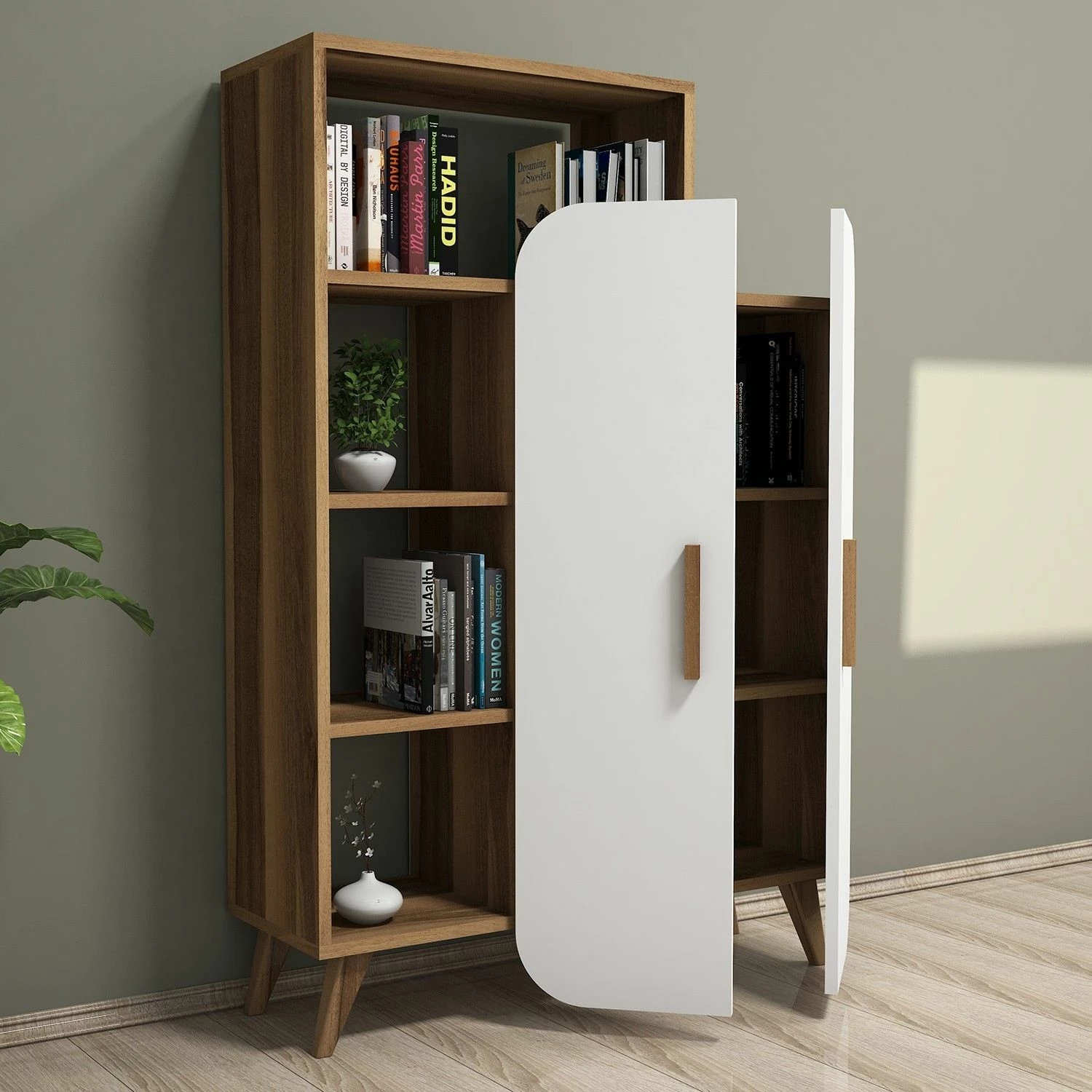 Raft librash Hanah Home, formë moderne, ngjyrë arrë dhe e bardhë