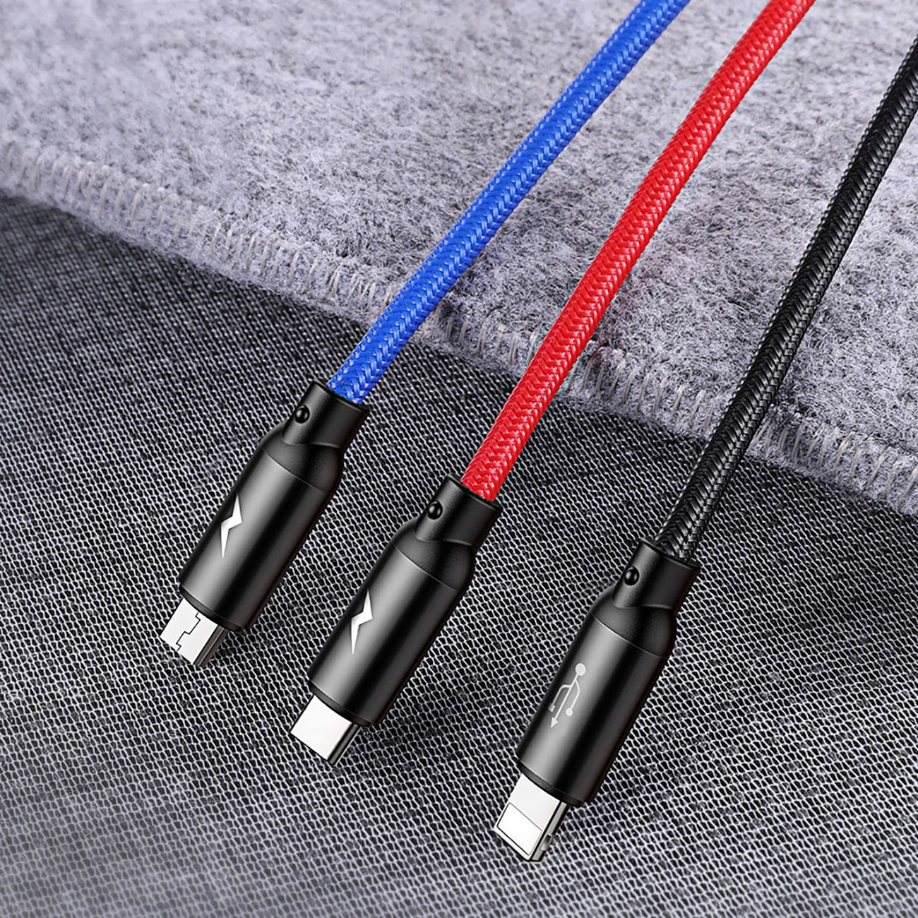 Kabllo 3-në-1 Baseus Three Primary Colors CAMLT-BSY01, 1.2m, USB-A në micro USB/Lightning/USB-C, e zezë/kuqe/kaltër