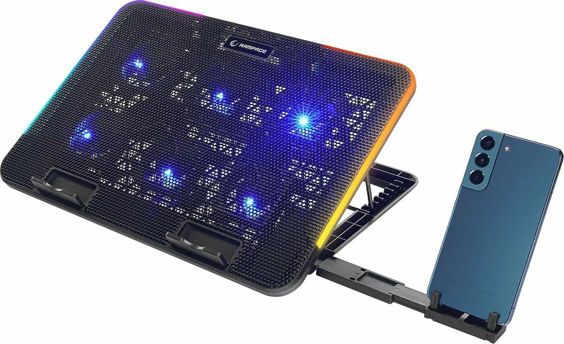 Stendë ftohëse laptopi Rampage Sixpower R9 15.6\", RGB, e rregullueshme, 2x USB 2.0, e zezë