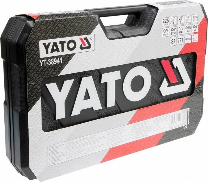 Set veglash Yato YT-38941 225 copë, 1/4\" 3/8\" 1/2\", në valixhe plastike, e zezë/kuqe