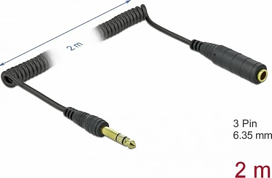 Kabllo audio zgjatuese DeLOCK, Jack 6.35mm mashkull në Jack 6.35mm femër, spiral, 2 m, e zezë