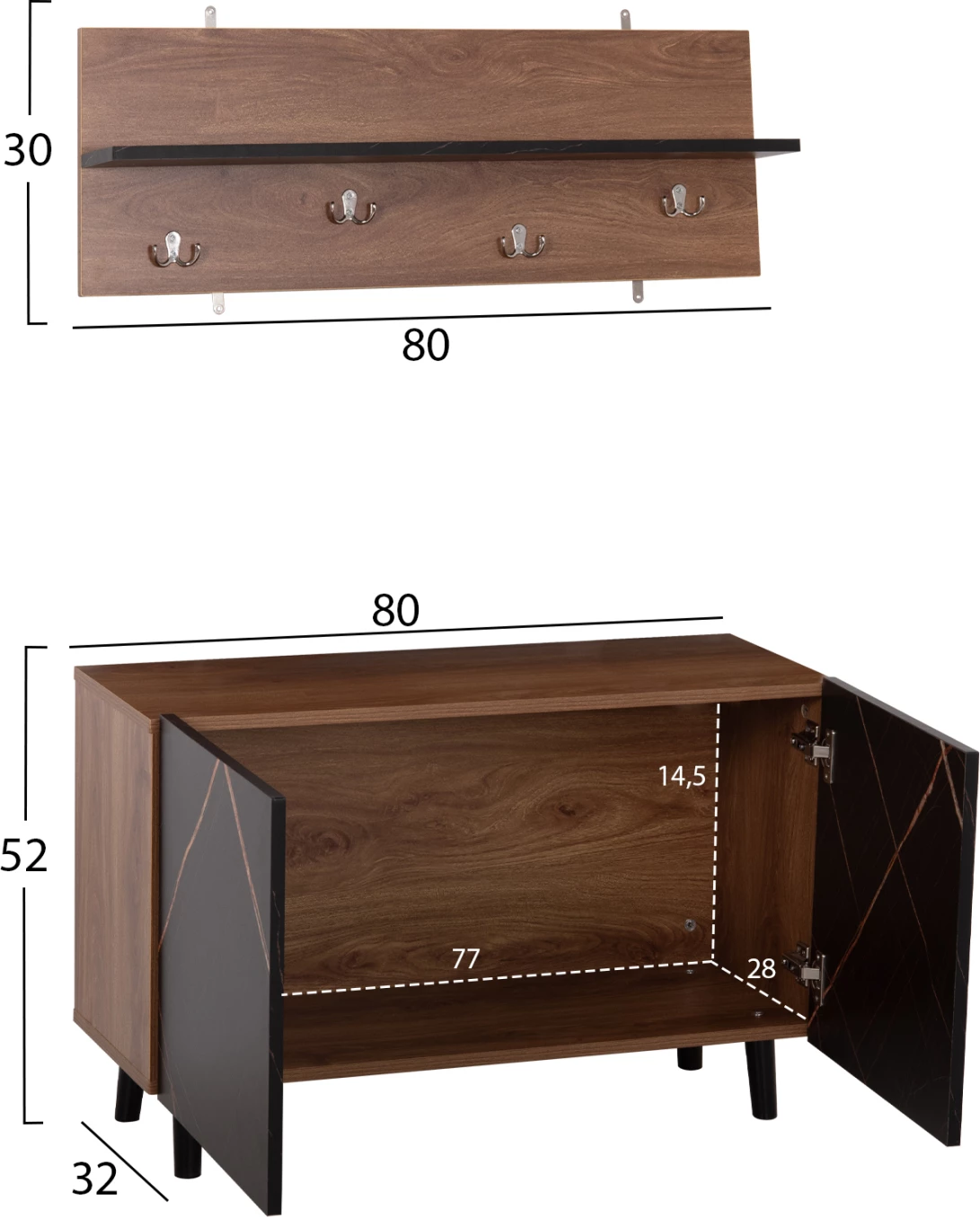 Set mobilje për hyrje Delphine FH8876.13, melamin, mermer i zi-arre, 80x31.5x52 cm