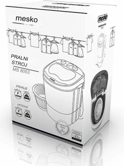 Mini lavatriçe kampingu Mesko MS 8053, 3 kg, me shtrydhje 1 kg, program 15 min, 150 W, bardhë