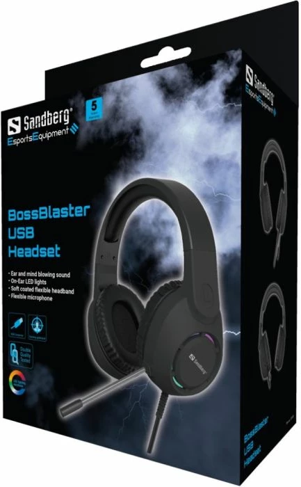 Kufje gaming USB SANDBERG BossBlaster 126-49, over-ear, mikrofon omnidireksional, LED multicolor, kabllo 2 m, të zeza