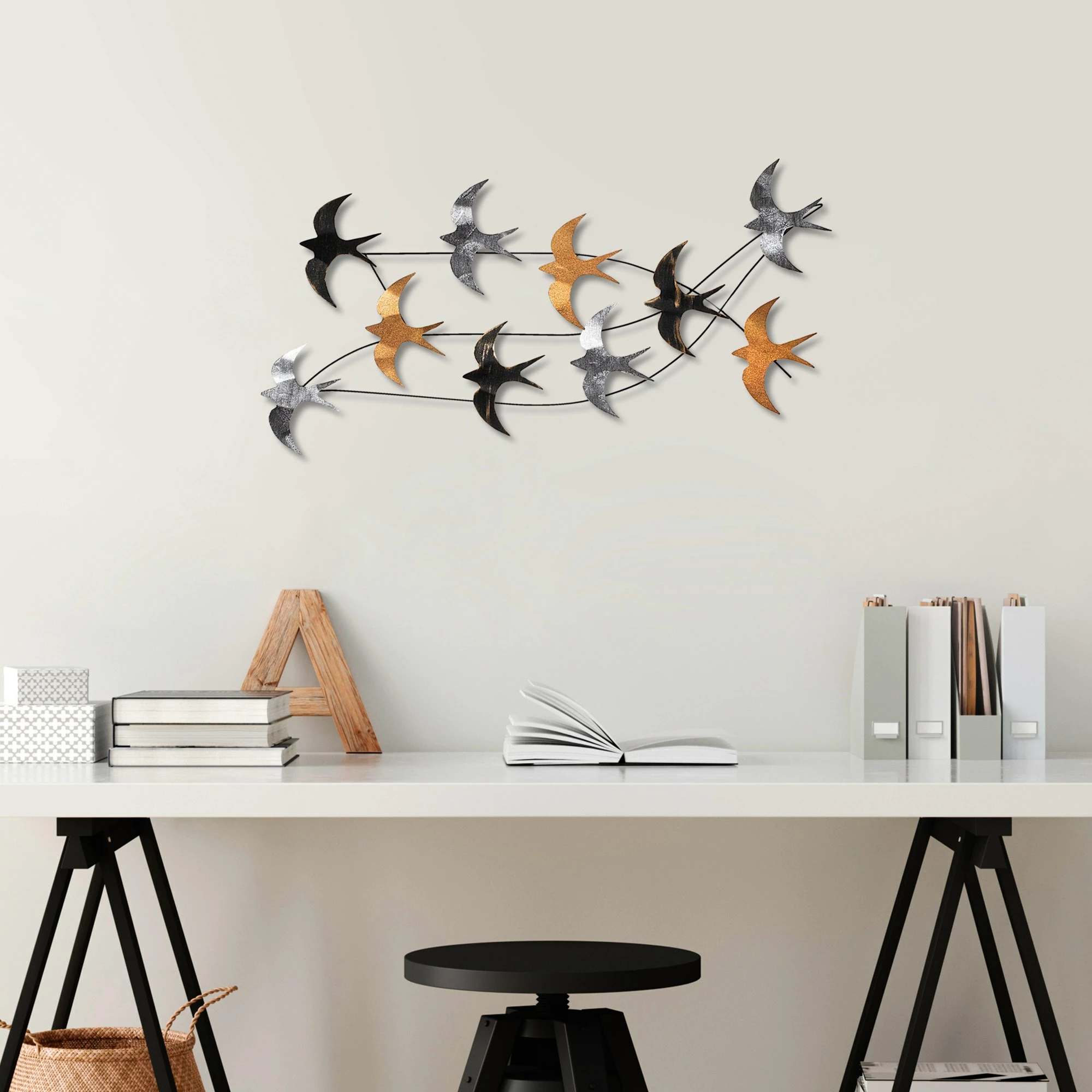 Aksesor dekorativ metalik për mur, Flock of Swallows 2, shumëngjyrësh, 45x104x8cm